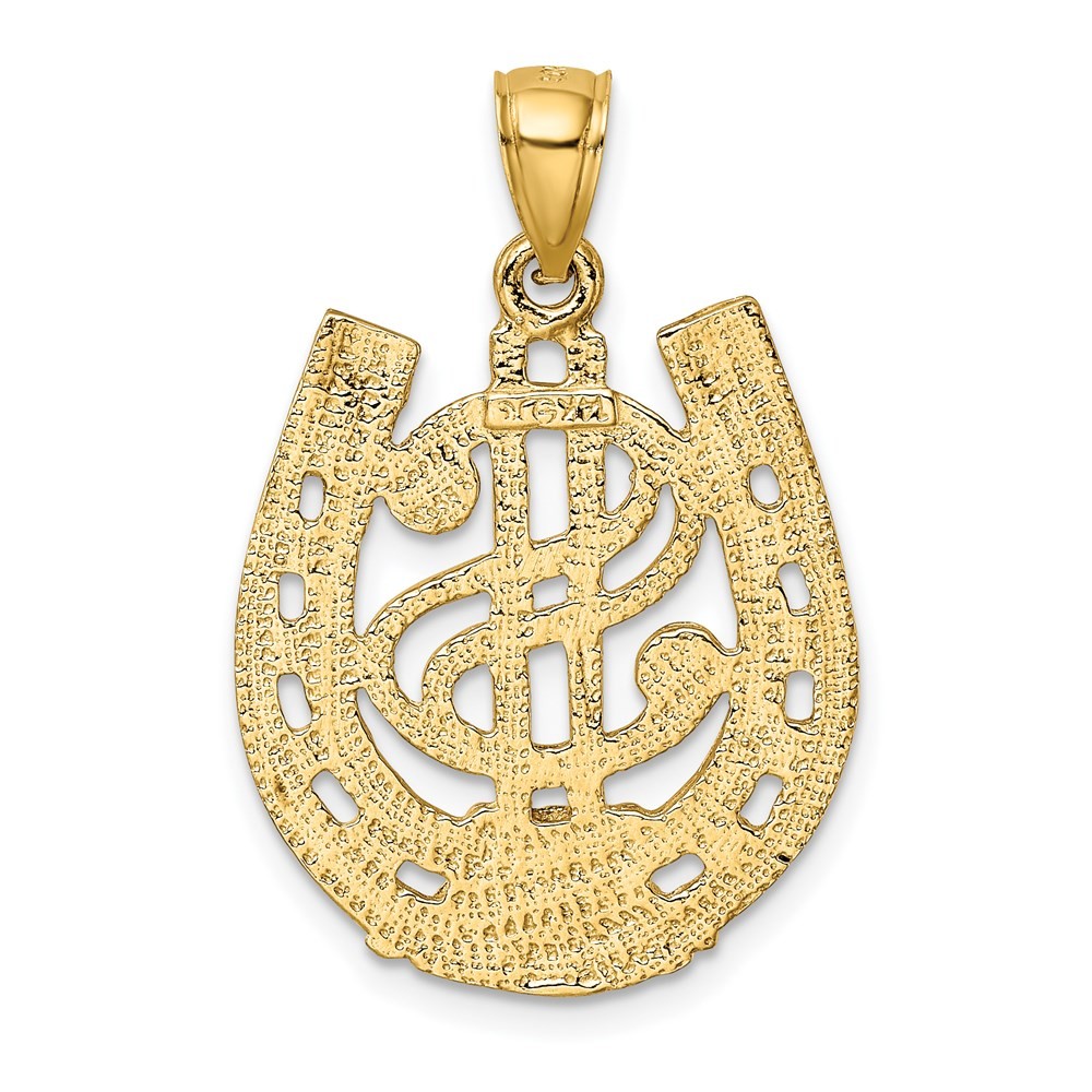 14k Yellow Gold Dollar Sign In Horseshoe Charm Pendant L-1.08 Inch, W-0.78 Inch