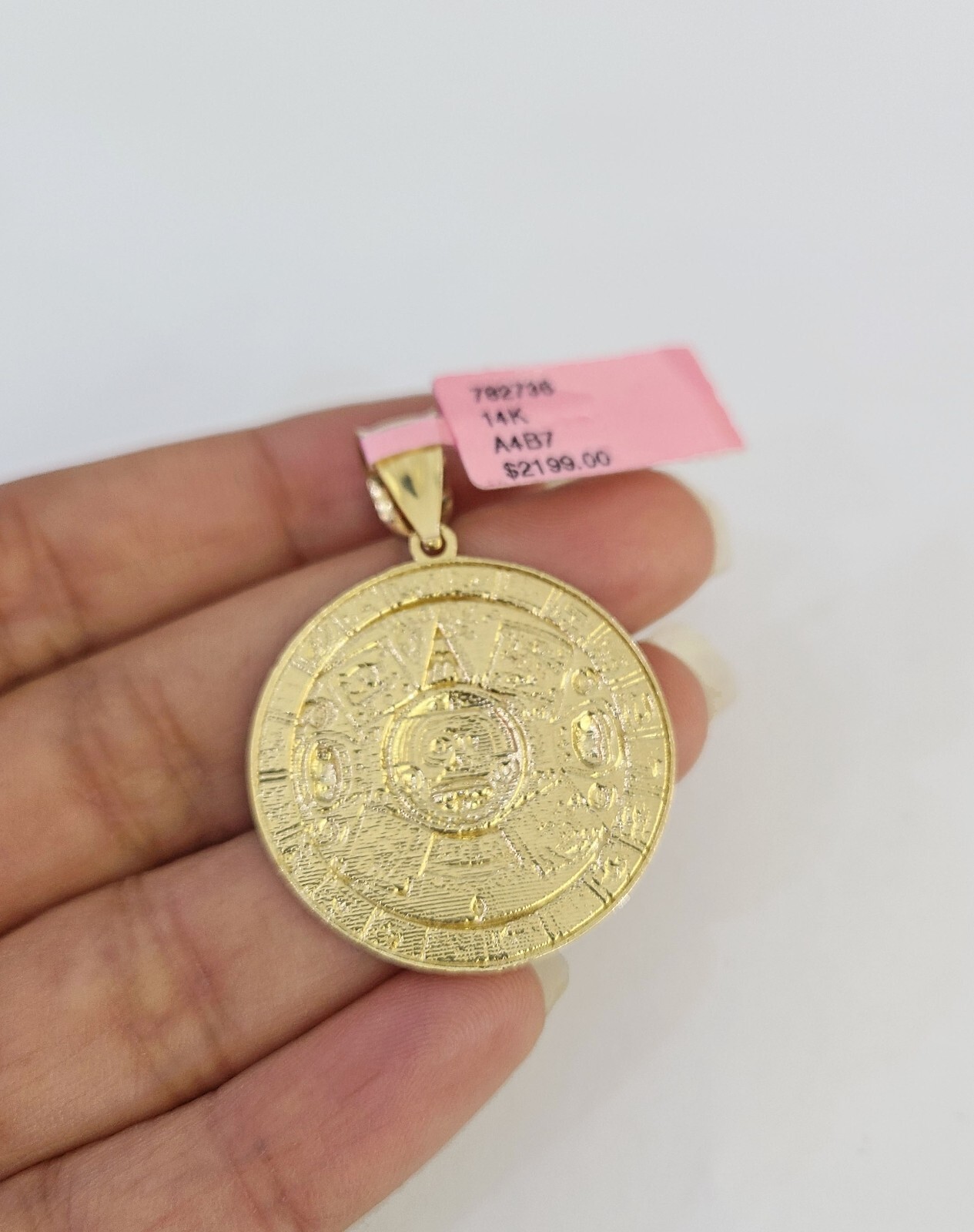 Real 14k Gold Charm Pendant Aztec Mayan Calendar 1.5″ Round Style 14k