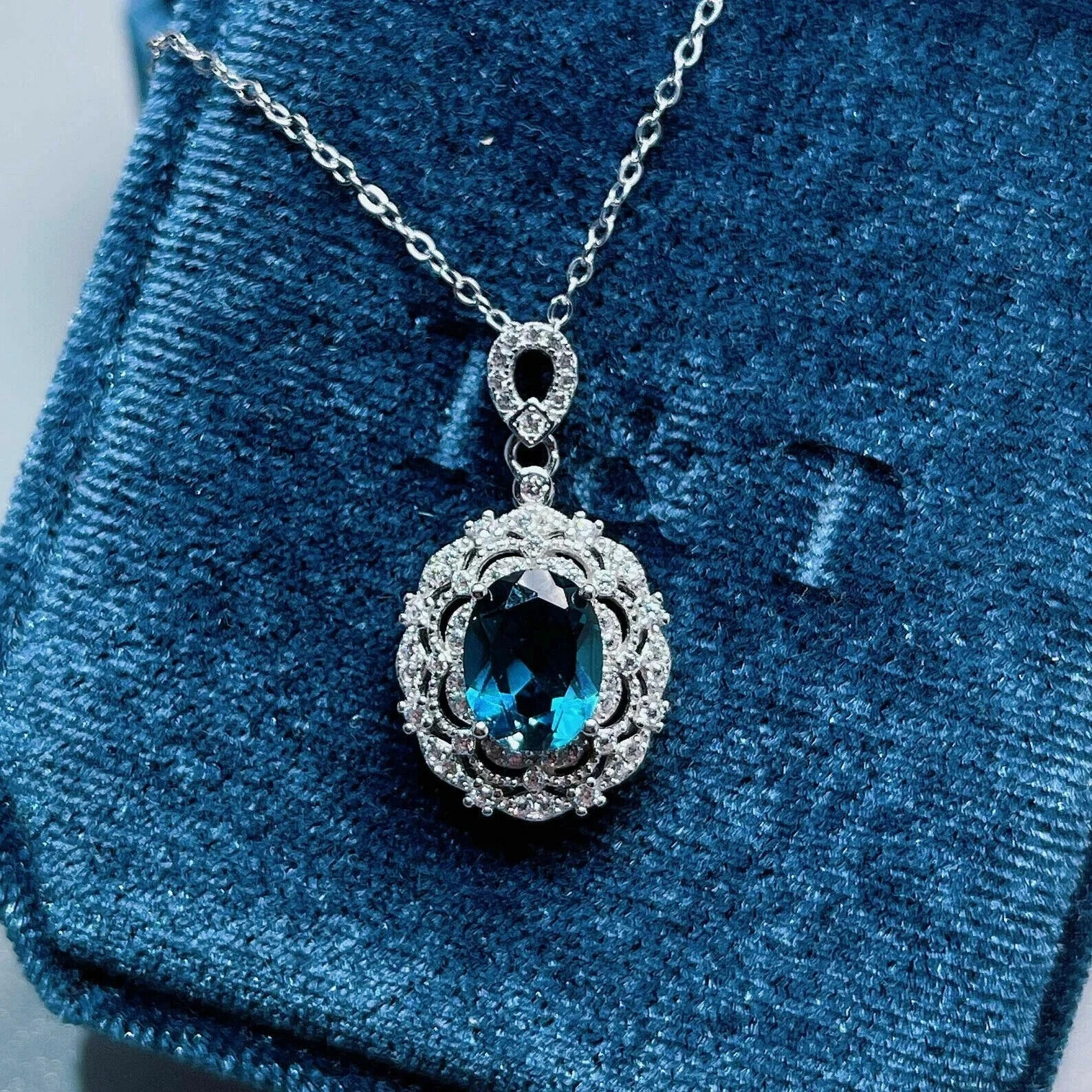 2.20Ct Oval Cut London Blue Topaz Designer Pendant 14K White Gold Finish Chain