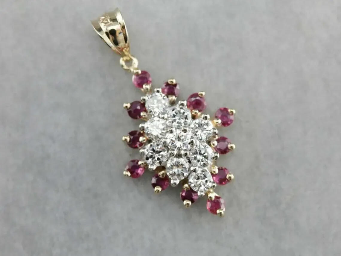 2Ct Cut Diamond & Ruby Cluster Pendant 14K Yellow Gold Finish Free Chain