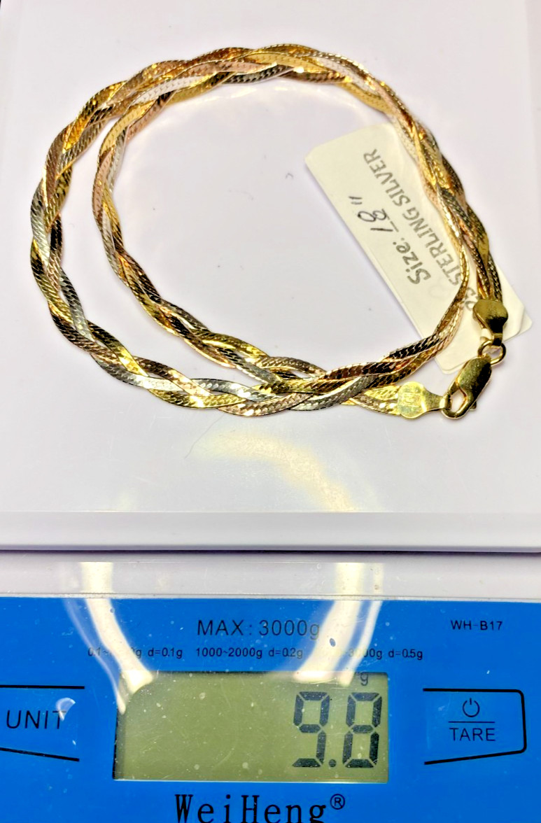 22K Gold Over Sterling Silver AGI Signed Tri Color Braided Necklace 18″ NOS 9.7g