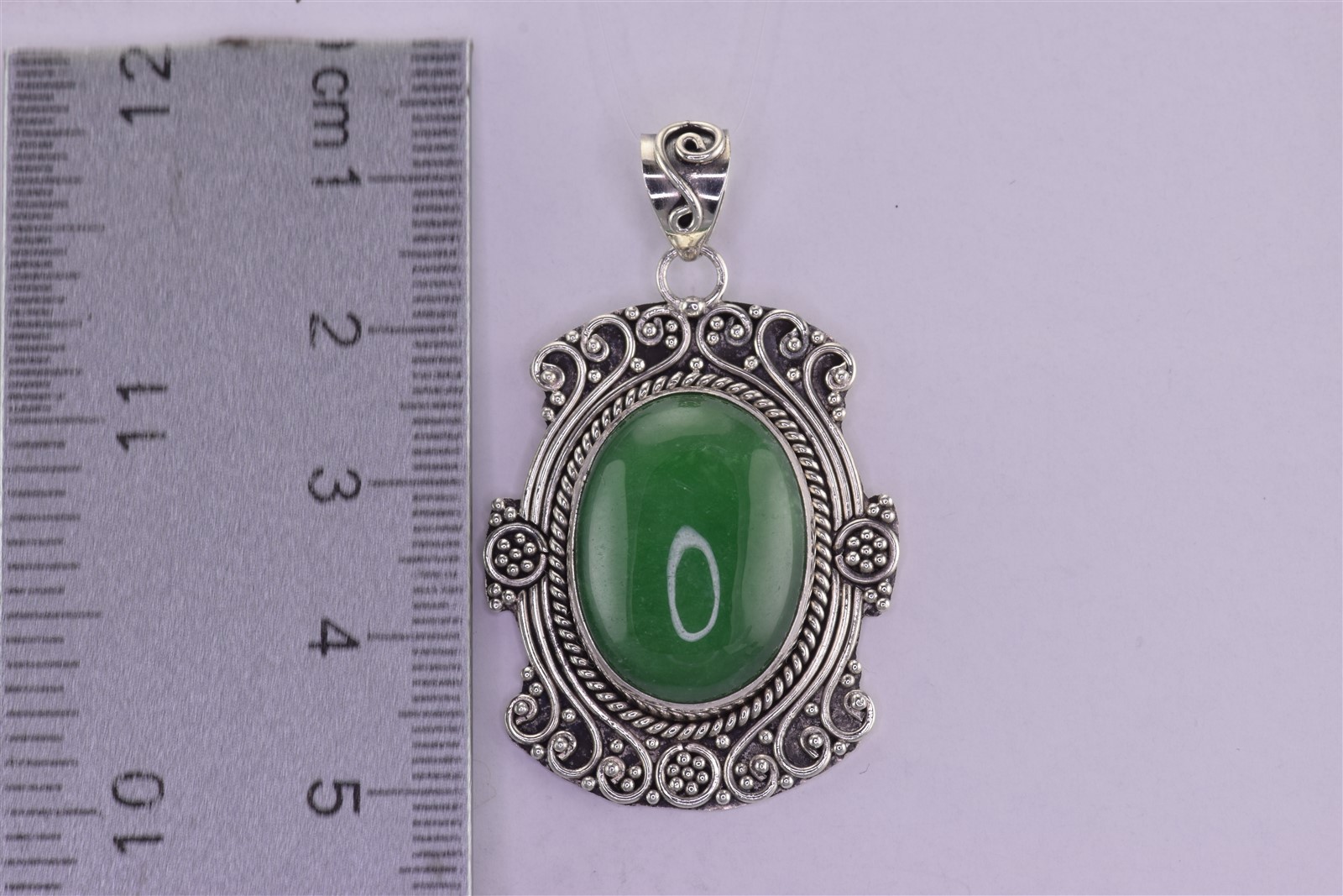 Sterling Silver 36mm x 26mm Oval Green Jade Balinese 10g Statement Pendant