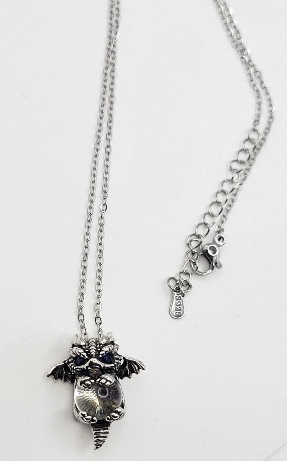 925 Sterling Silver Baby Dragon With Crystal Ball Necklace 17.7”