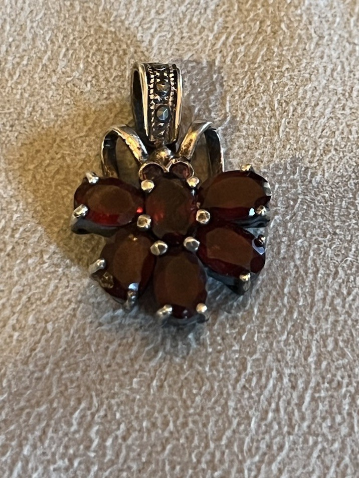 Sterling Silver Marcasite Flower Pendant, w/Garnet Stones, 1 1/8 inch