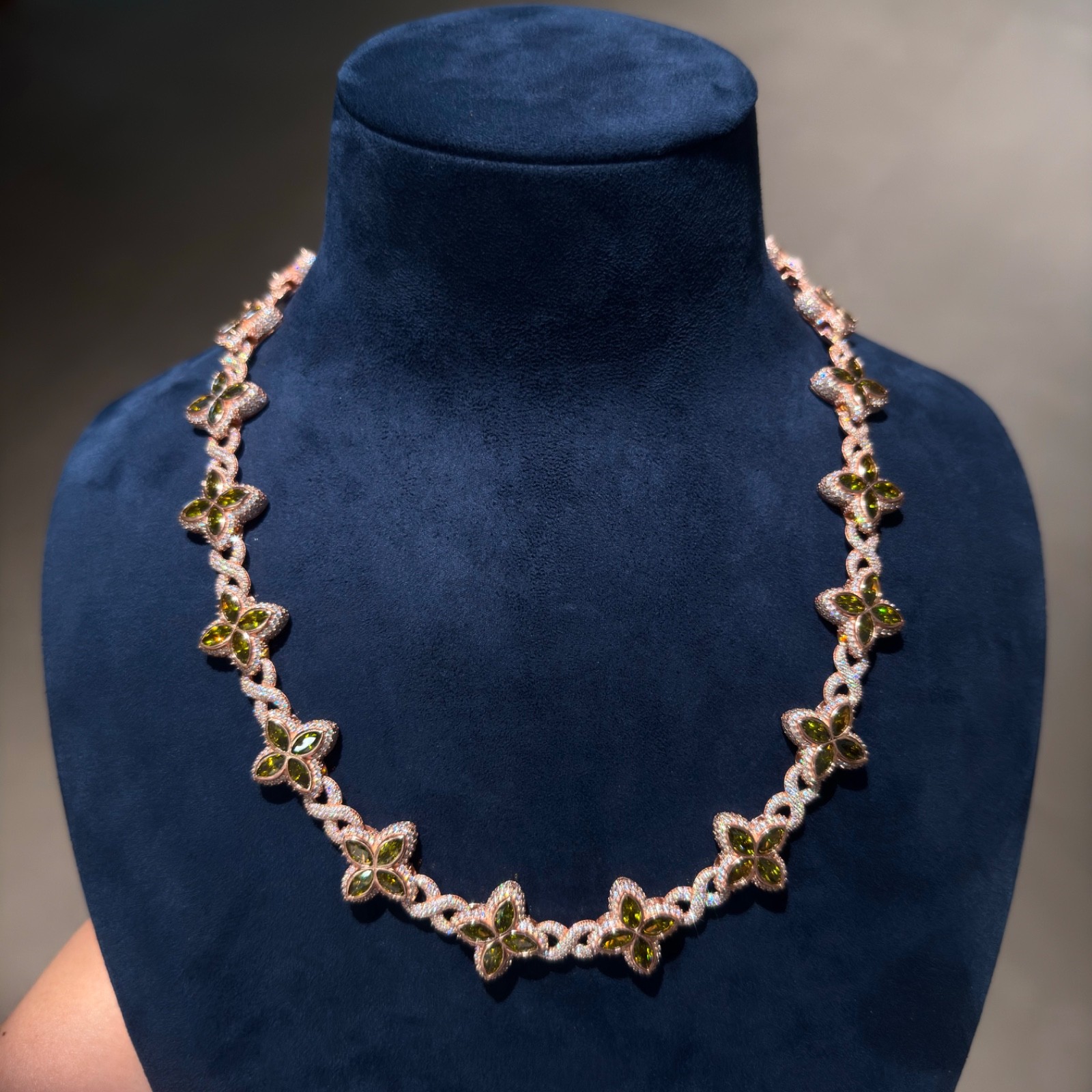 Moissanite Flower Chain 925 Silver 14K RoseGold Olive Green VVS Iced Out 22″ GRA