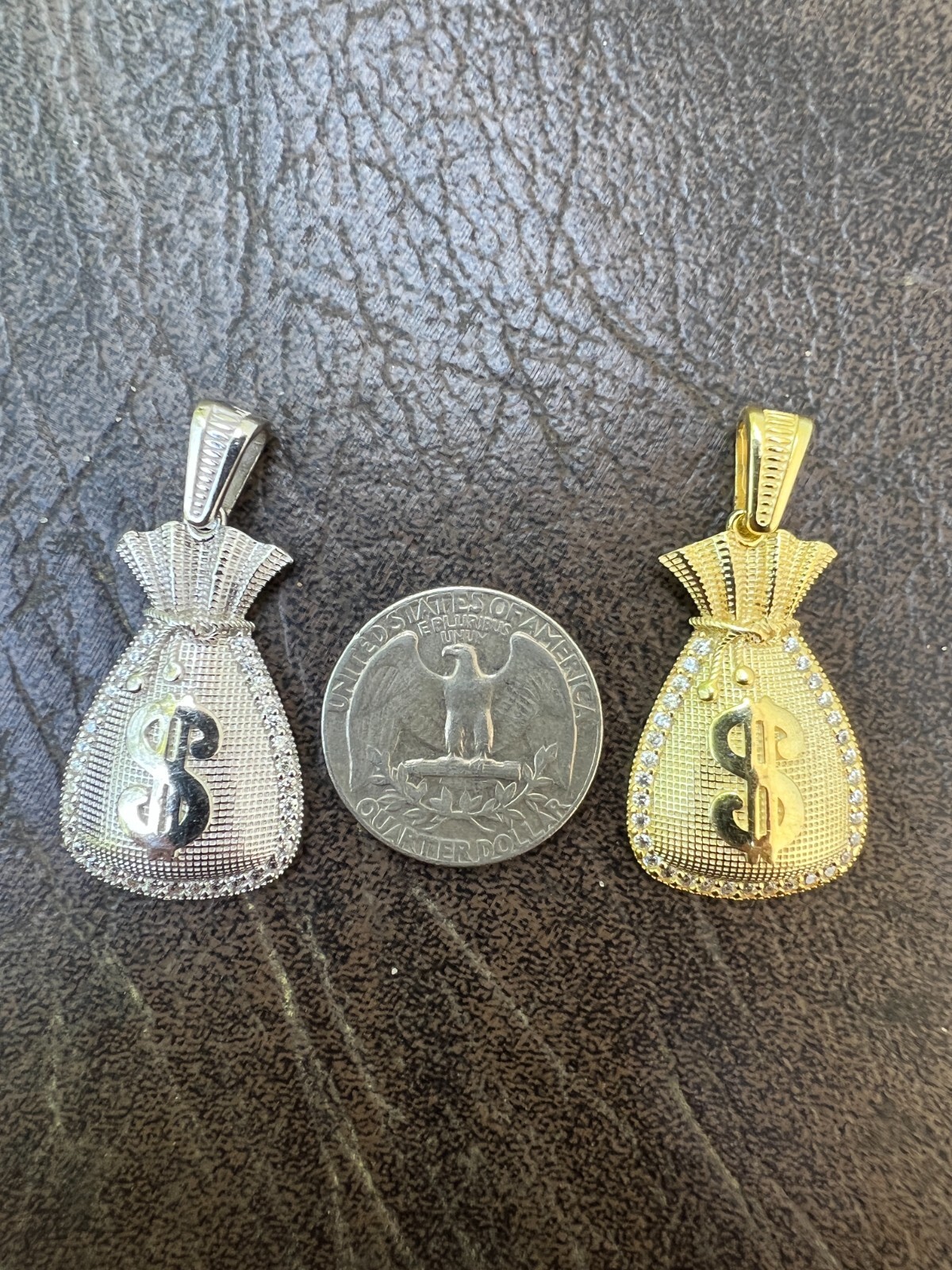Real 925 Silver / 14k Gold Plated Money Bag Dollar Sign Pendant Necklace Iced CZ