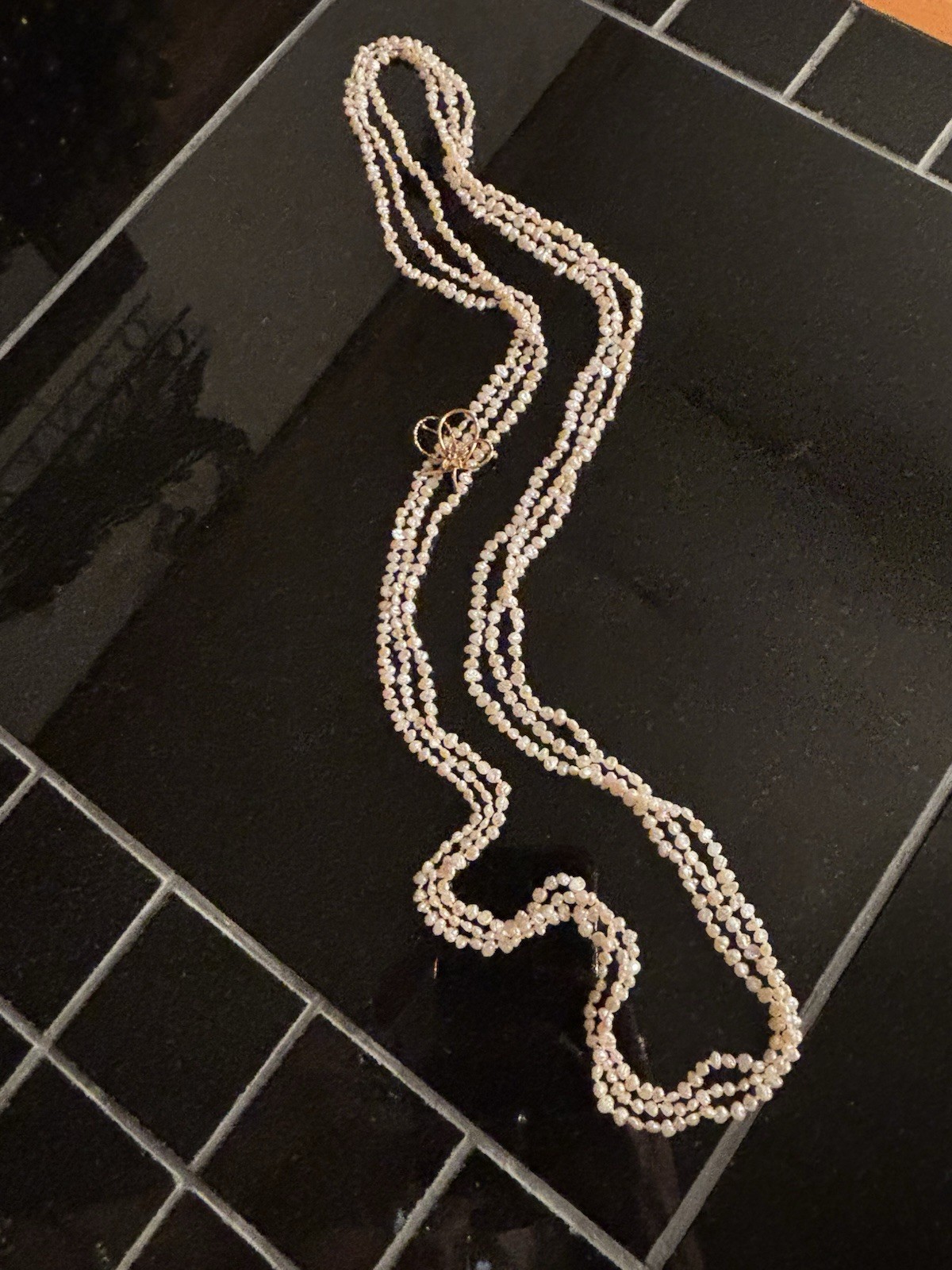 Estate Multi-strand Freshwater Rice Pearl Long Necklace w/Gold Filled Brooch Pin