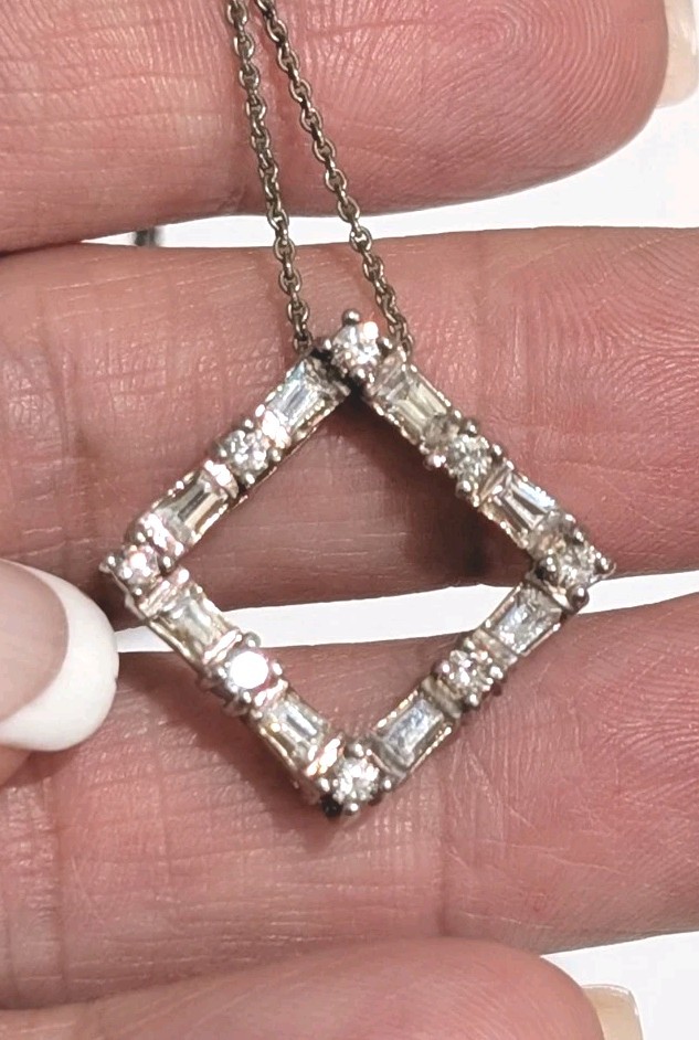Designer Sterling Silver White Colorless Garnet Square 1″ Pendant 16.5″ Necklace