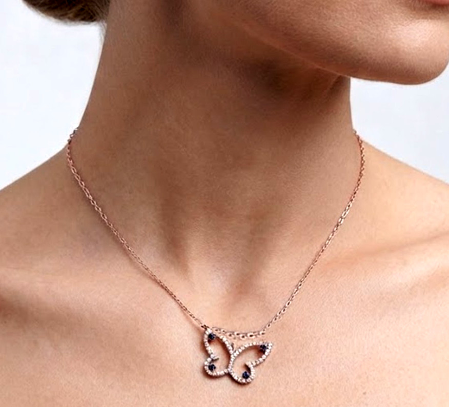 1.20ct Natural diamond 14k BIS Hallmarked rose gold Sapphire Butterfly Pendant
