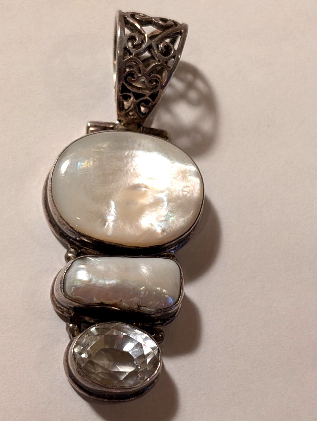 Sterling Silver 925 2 MOP & Topaz? Unique Hinged Pendant Oversized Filigree Bail