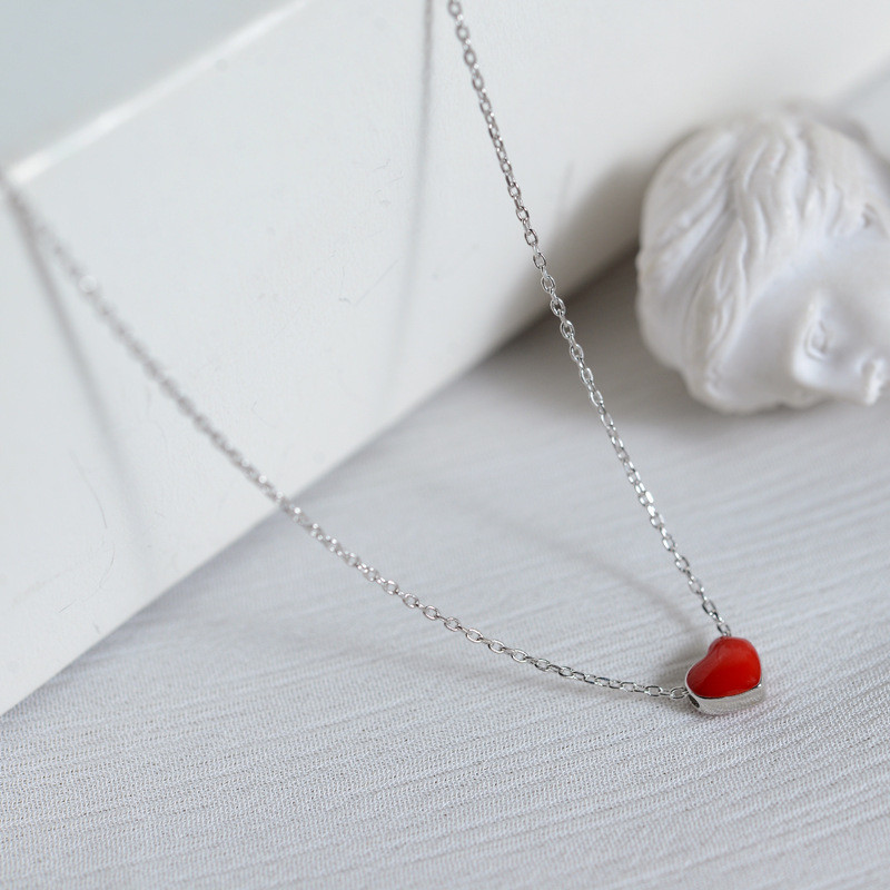 Woman Real S925 Sterling Silver Enamel Heart Cute Charm Pendant Necklace Chain