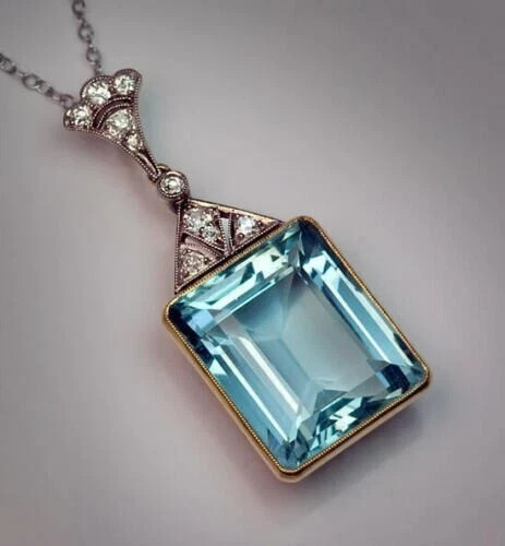 10 Ct Emerald Cut Aquamarine Solitaire Pendant 14K Yellow Gold Finish Free Chain