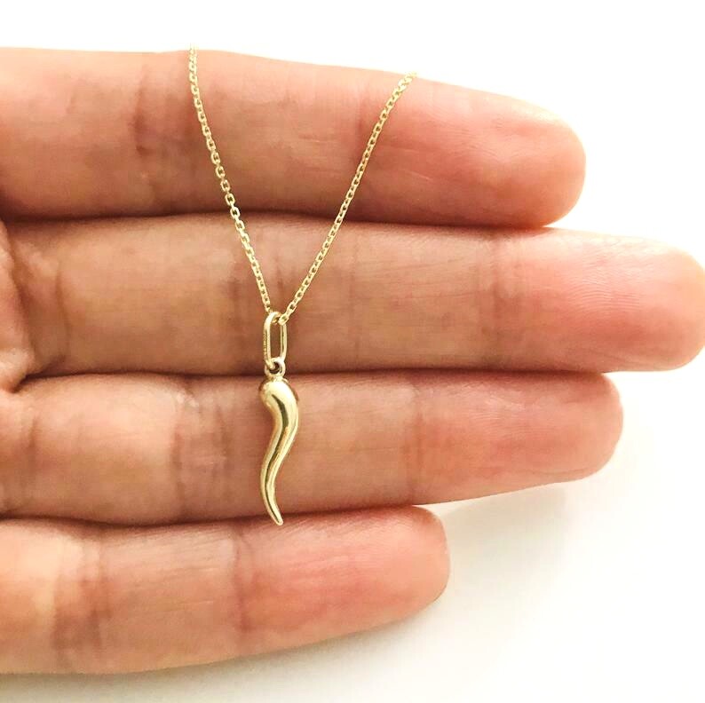10K REAL Gold Italian Horn, Cornicello, Chili 18mm Pendant, Necklace – K6390