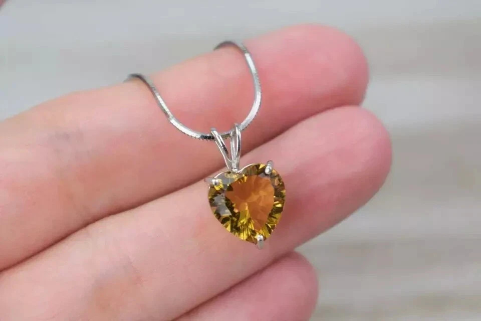 2Ct Heart Cut Yellow Citrine Solitaire Pendant 14K White Gold Finish