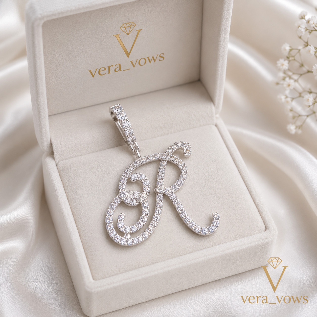 Moissanite Initial “R” Letter Pendant 14K White Gold Round Lab-Created Plated