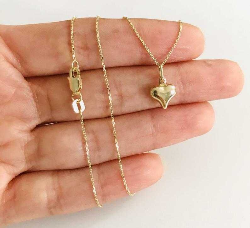 10K Real Gold Puffy Heart 14mm / 0.55″ Pendant, 3-D Puffy Heart Necklace – C2905