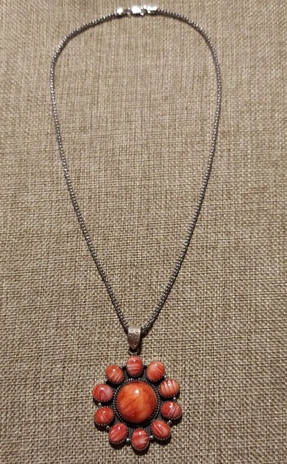 New HUGE Sterling Silver Natural Orange Spiny Cluster Pendant with Chain