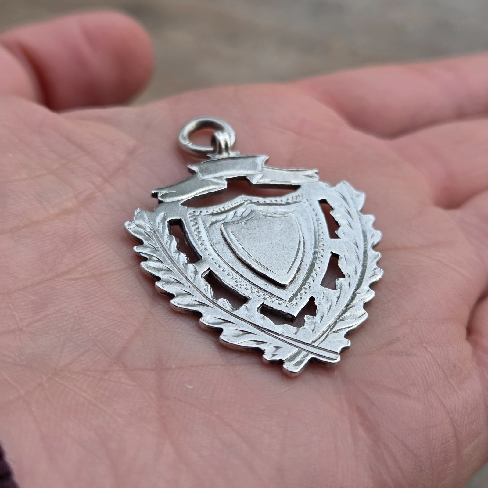 Antique 1918 English HM Solid Sterling Silver Shield Watch Fob Medal Pendant