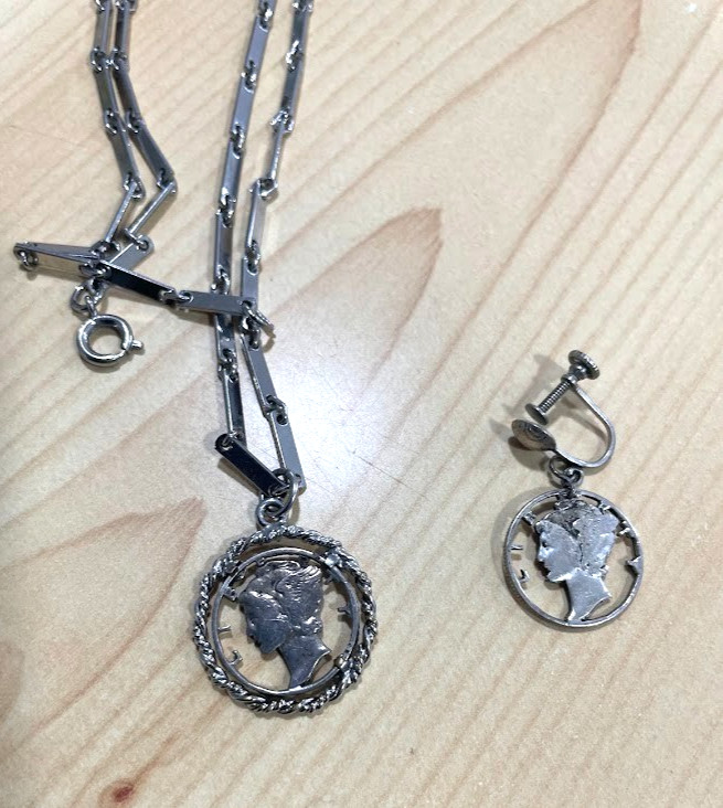 2 Beautiful U.S. SILVER Mercury Dime ART CARVED Pendant W/ Necklace As Shown