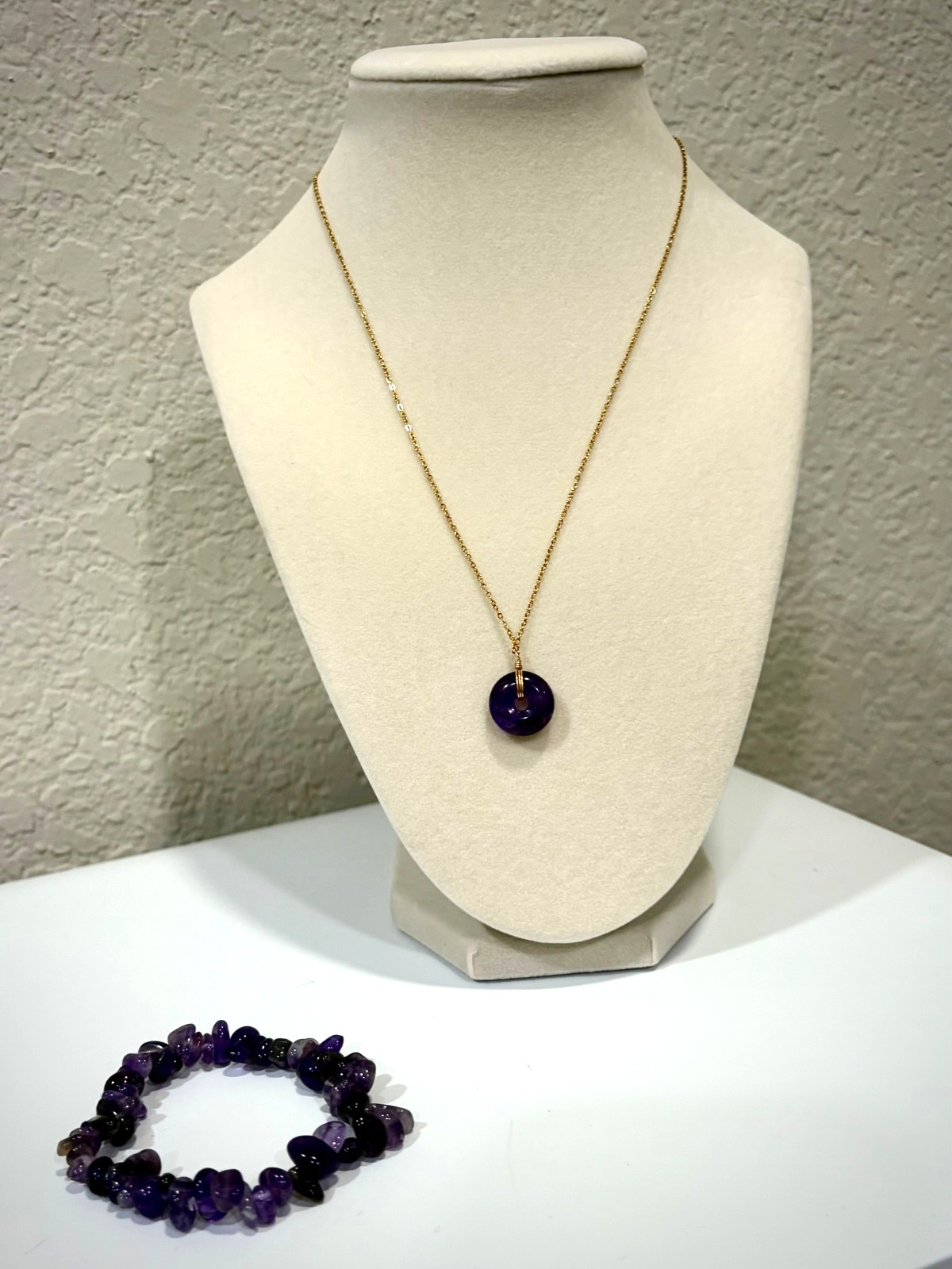 Donut Pendant Necklace, Gold 22″ Chain and Bracelet in Deep Purple Amethyst