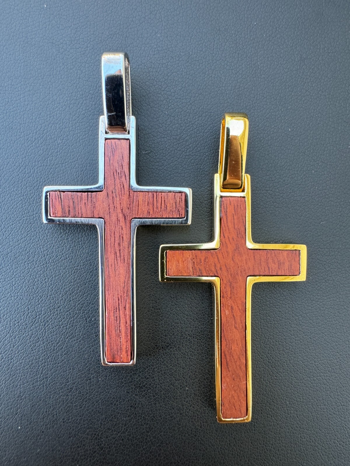 Large Mens Real 925 Silver & Wood Inlay Plain Religious Cross Pendant Necklace
