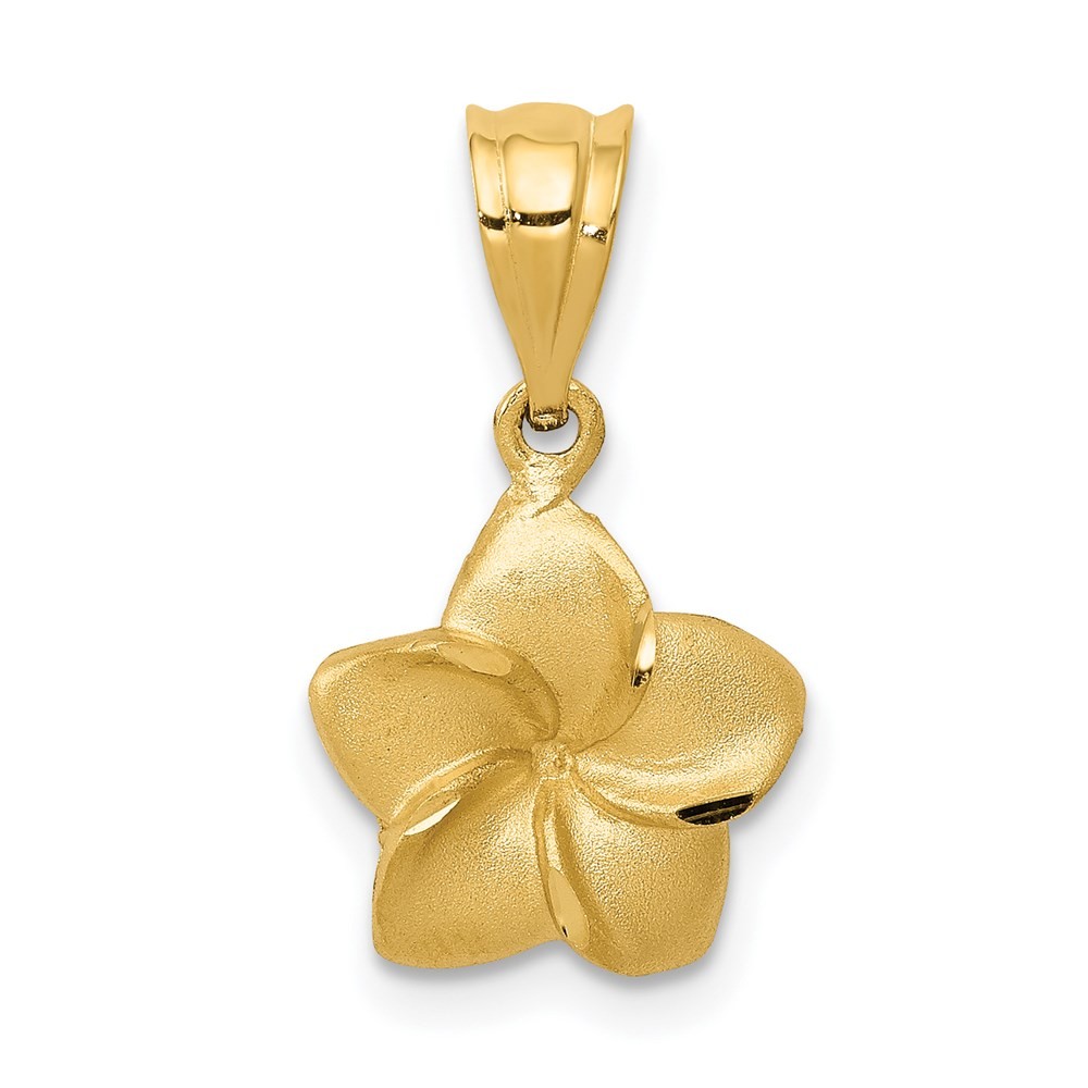 14k Yellow Gold Satin Diamond-cut Plumeria Floral Charm Pendant Necklace Womens