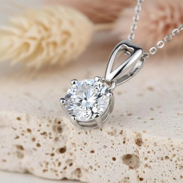 6mm Round cut Lab Grown Diamond 14k White Gold plated Solitaire Charm Pendant