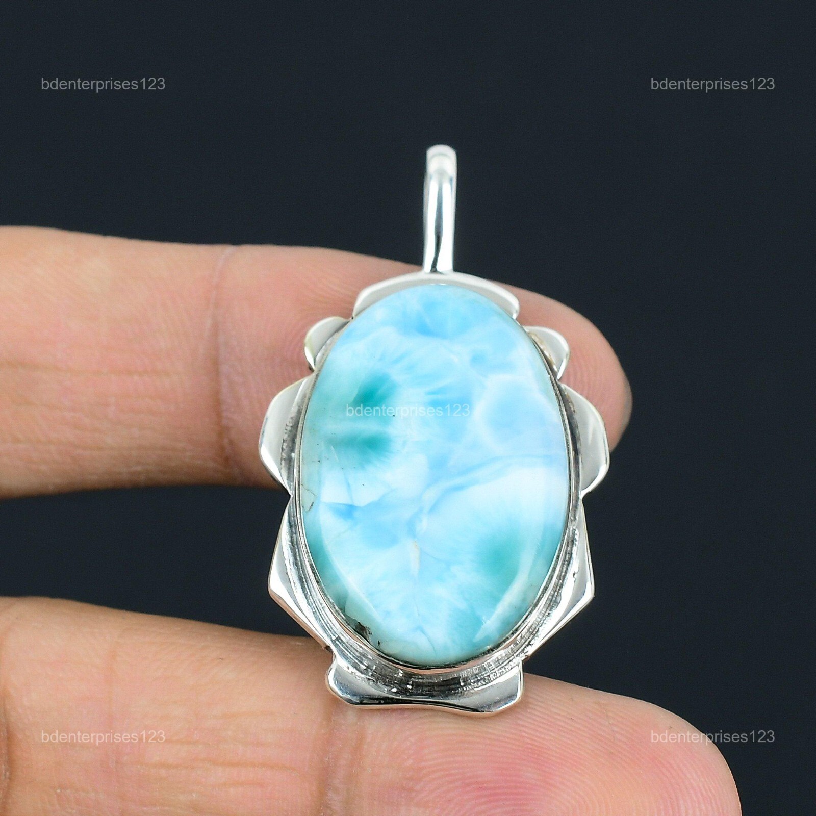 925 Sterling Silver Oval Larimar Gemstone Engagement Anniversary Pendant Jewelry