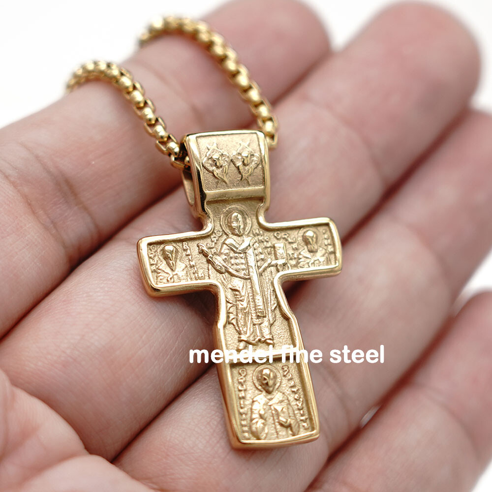 MENDEL Gold Russian Orthodox St Saint Benedict Crucifix Cross Pendant Necklace
