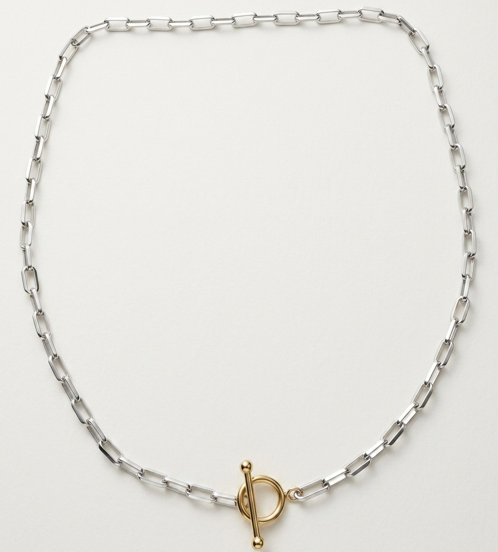 Paper Clip Oval Chain Toggle Necklace Silver 14K Two-tone Gold Plated Silver