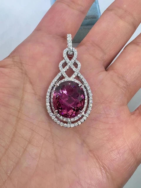 3.00Ct Oval Cut Lab Created Pink Tourmaline Halo Pendant 14K White Gold Plated