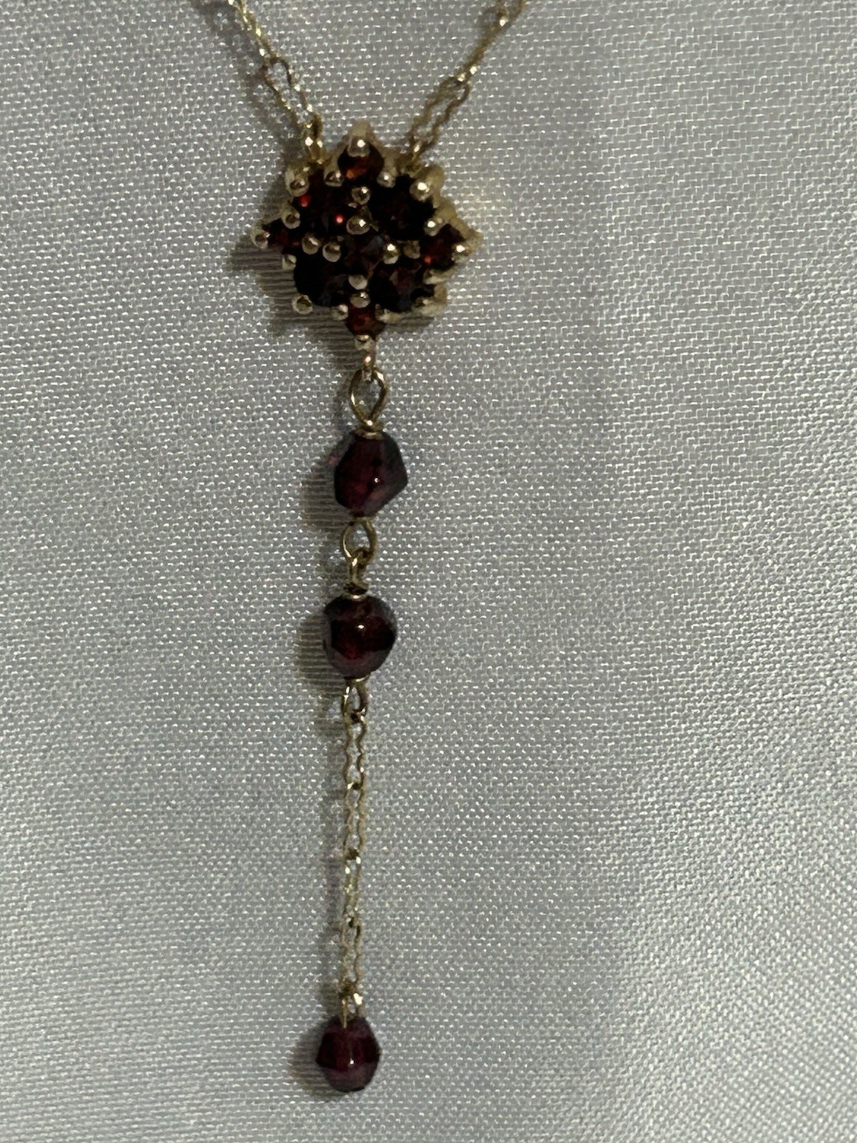 Vintage 10K, Gold Bohemian Garnet Lavalier Y-Necklace Matching Cluster Charm