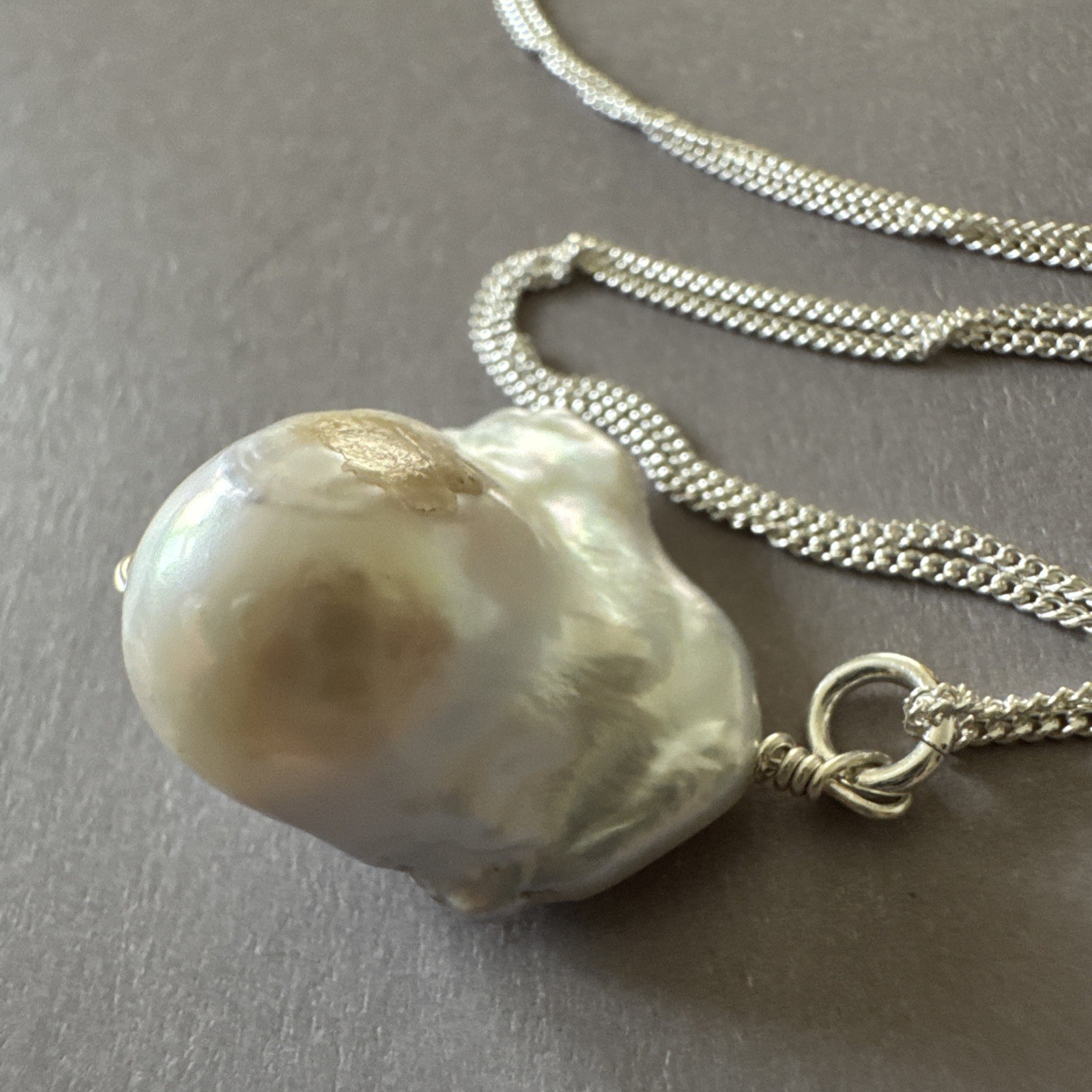 Sterling Silver 925 21mm Freshwater Pearl Pendant Italy 18” Curb Chain Necklace