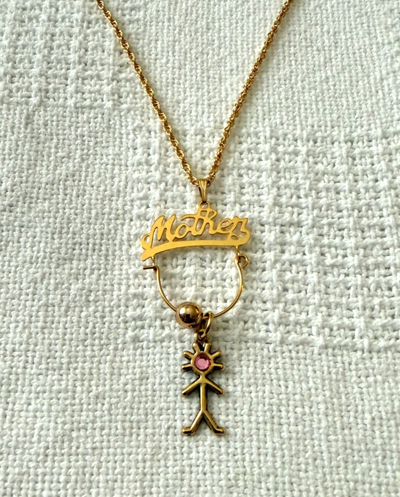 Mother’s Gold Tone Necklace & Pendant Pink Birthstone Boy Charm 24″ Chain