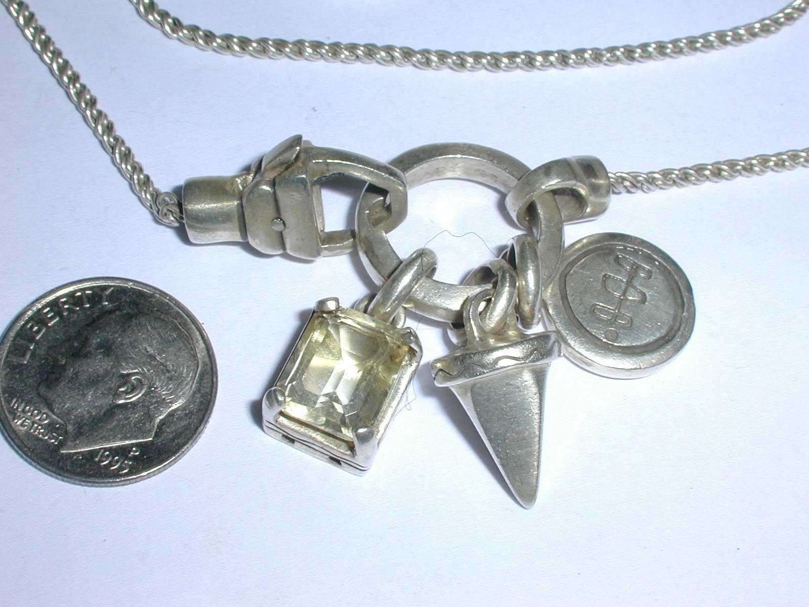 LISA JENKS MODERNIST STERLING 3 DANGLE LONG NECKLACE W/RING & CITRINE STONE- 24″