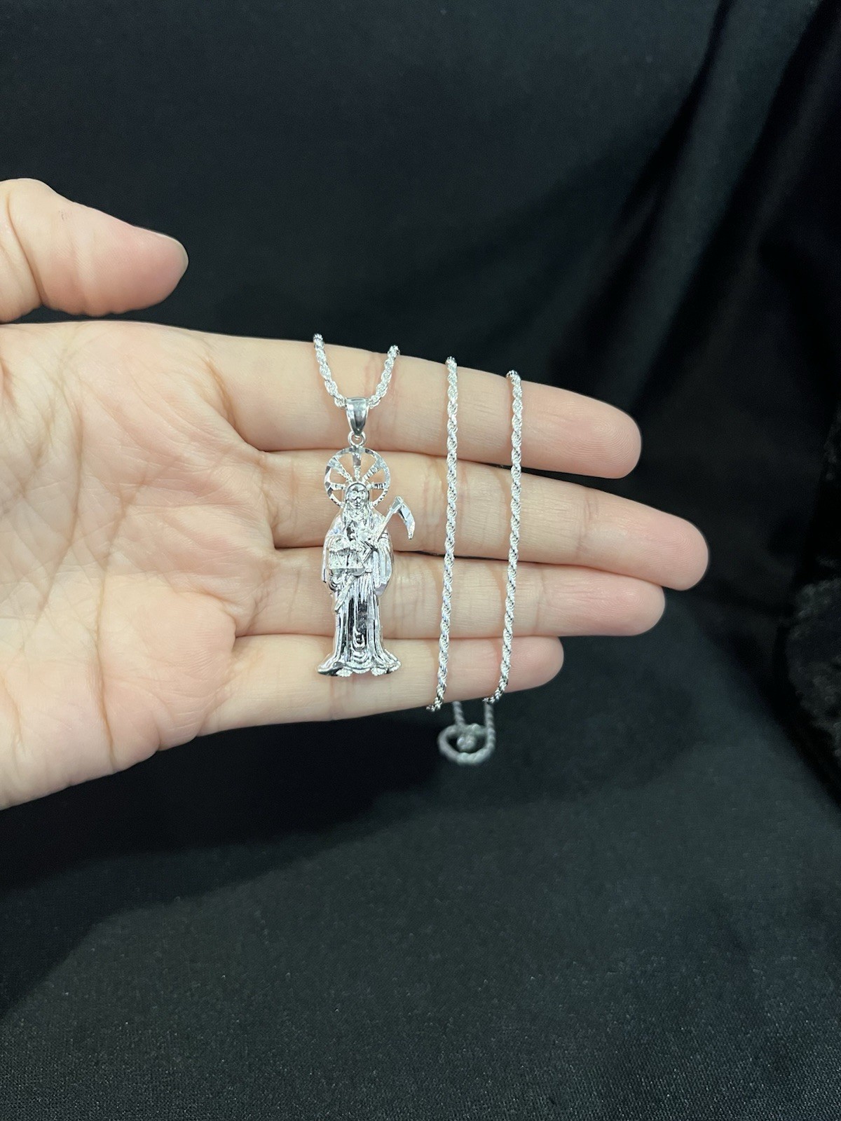 925 Sterling Silver Women Men Small Santa Muerte Grim Reaper & Rope Chain 18 24