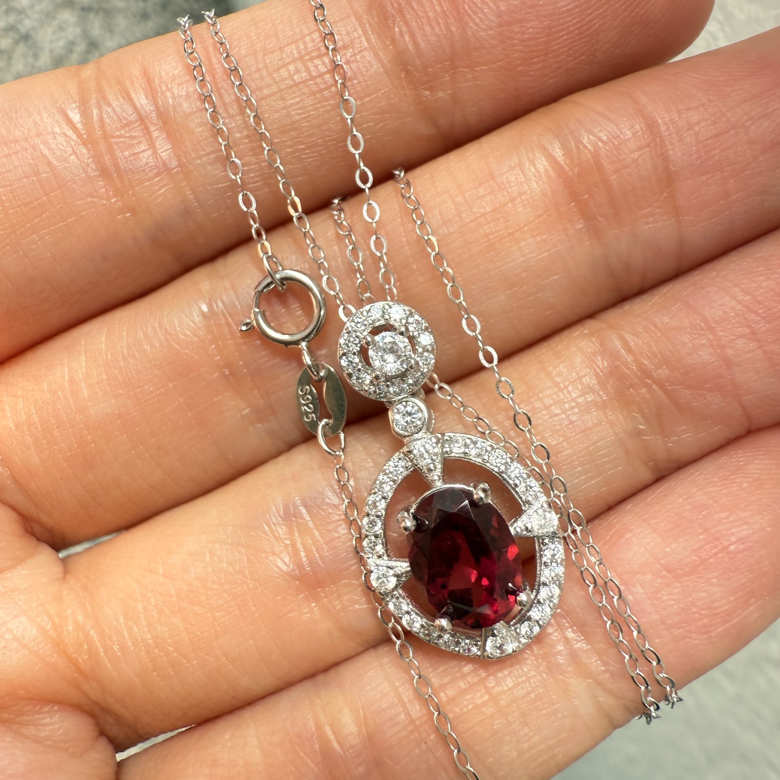925 Sterling Silver Necklace 8x6mm Natural Garnet Zircon Flower Handmade Chain