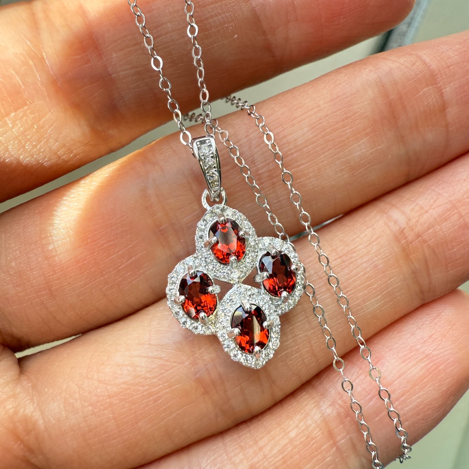 925 Sterling Silver Necklace 4x3mm Natural Garnet Gemstone Zircon Flower Chain