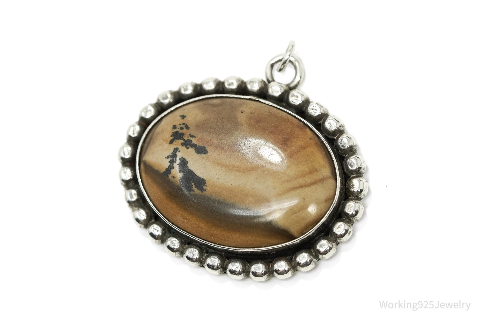 Vintage 1970s Picture Jasper Silver Necklace Pendant 1 3/8″