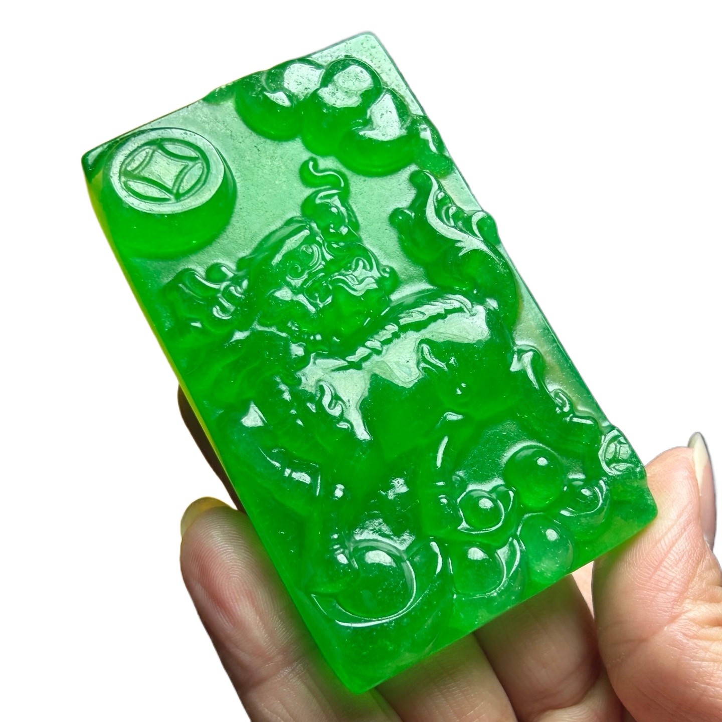 Nature Ice Green Burmese Jadeite Hand Carved Kylin Lucky Amulet Pendant Necklace