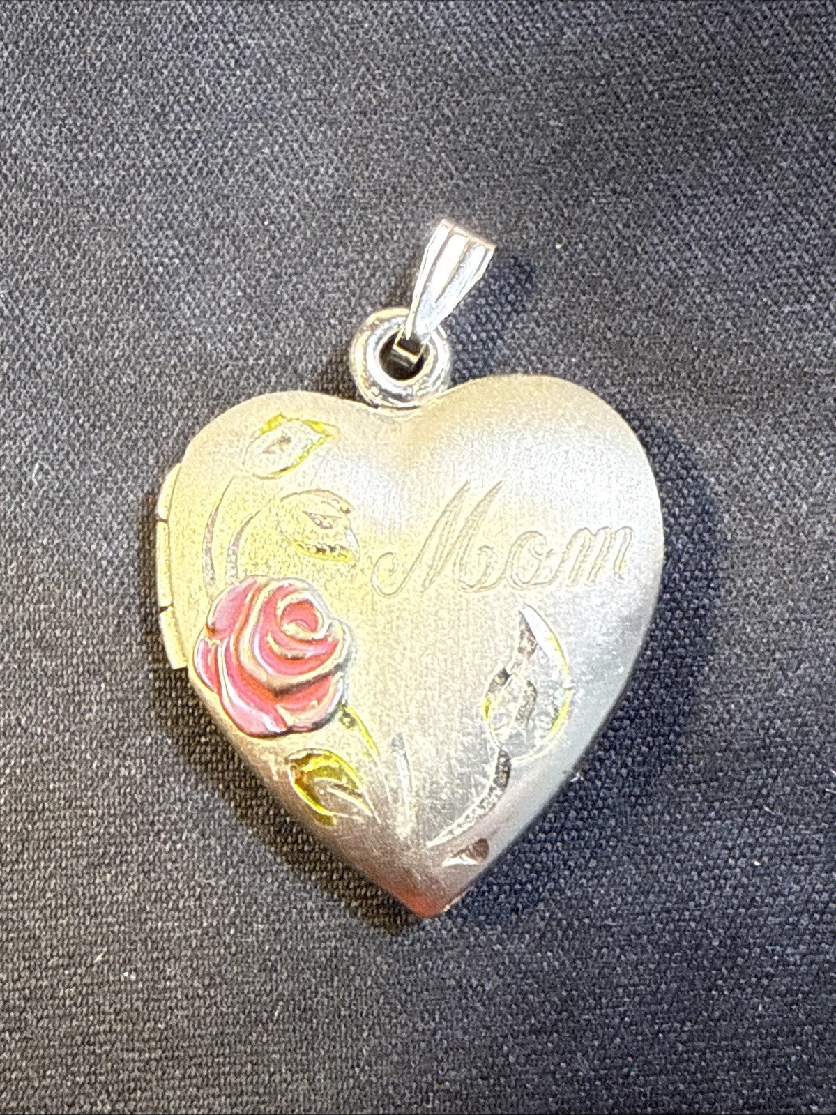 Sterling Silver Heart Photo Locket w/ Pink Rose & MOM Engraved 925 Pendant
