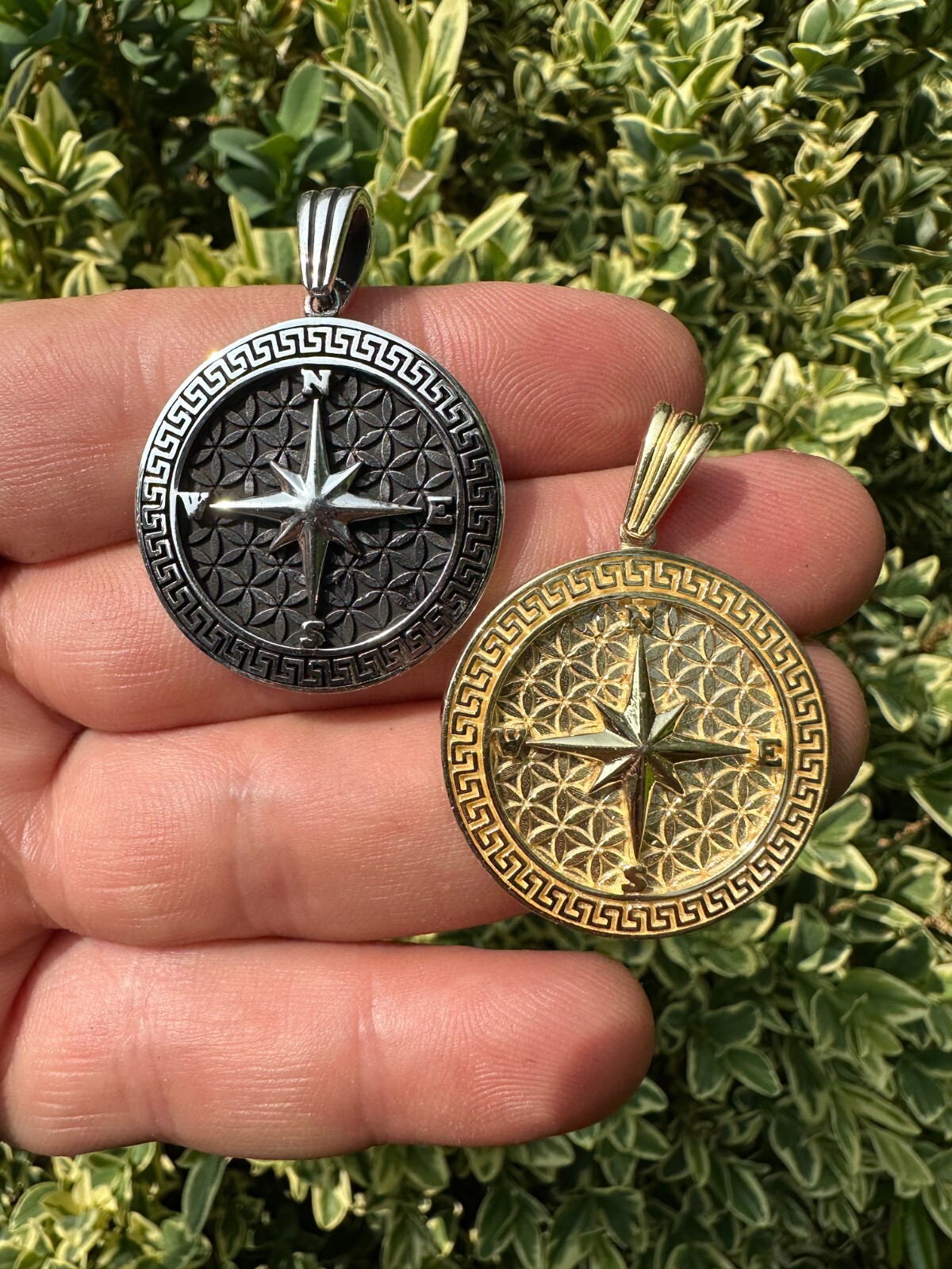 Real 925 Silver / 14k Gold Plated North Star Compass Medallion Pendant Necklace