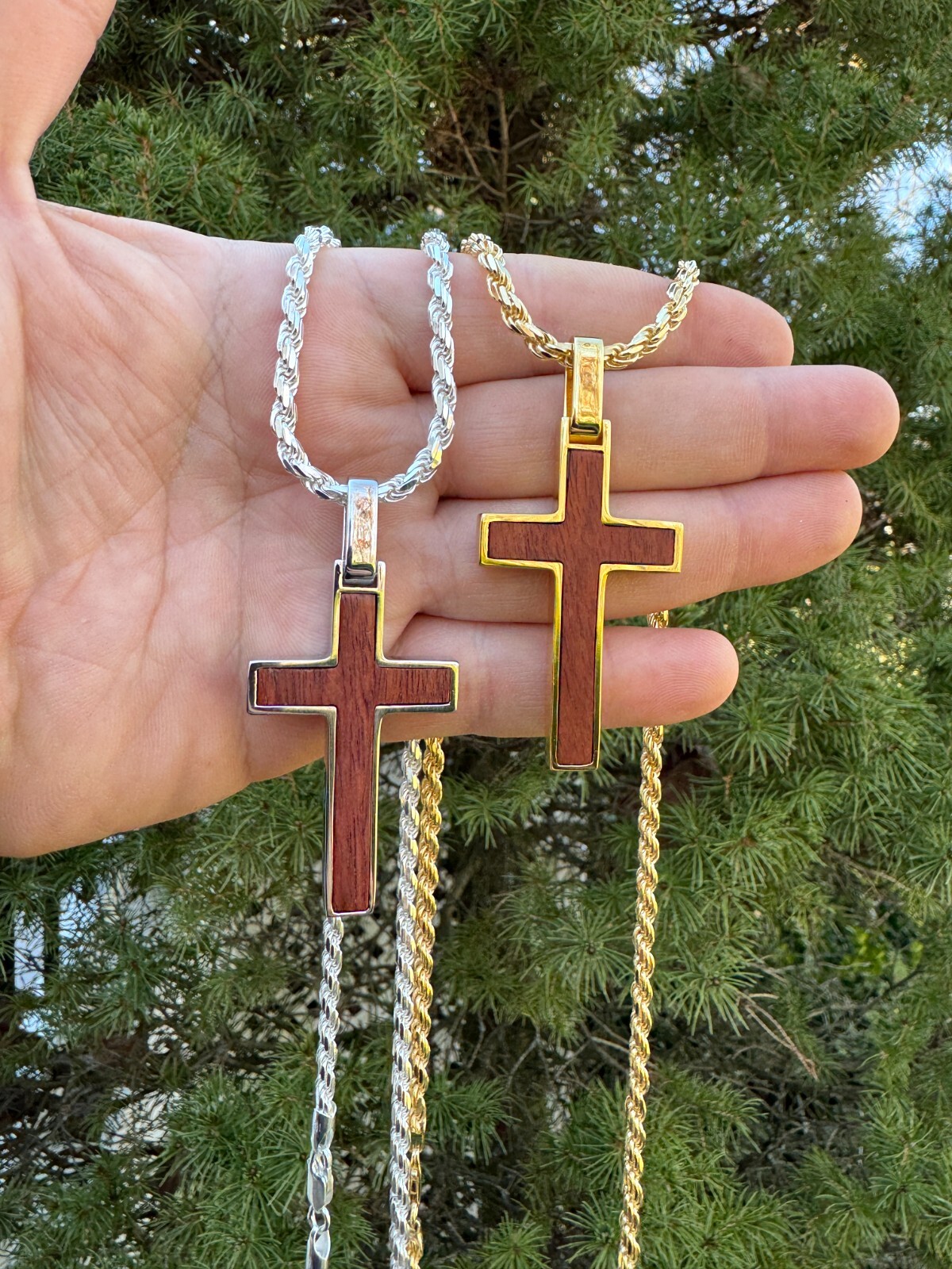 Large Mens Real 925 Silver & Wood Inlay Plain Religious Cross Pendant Necklace