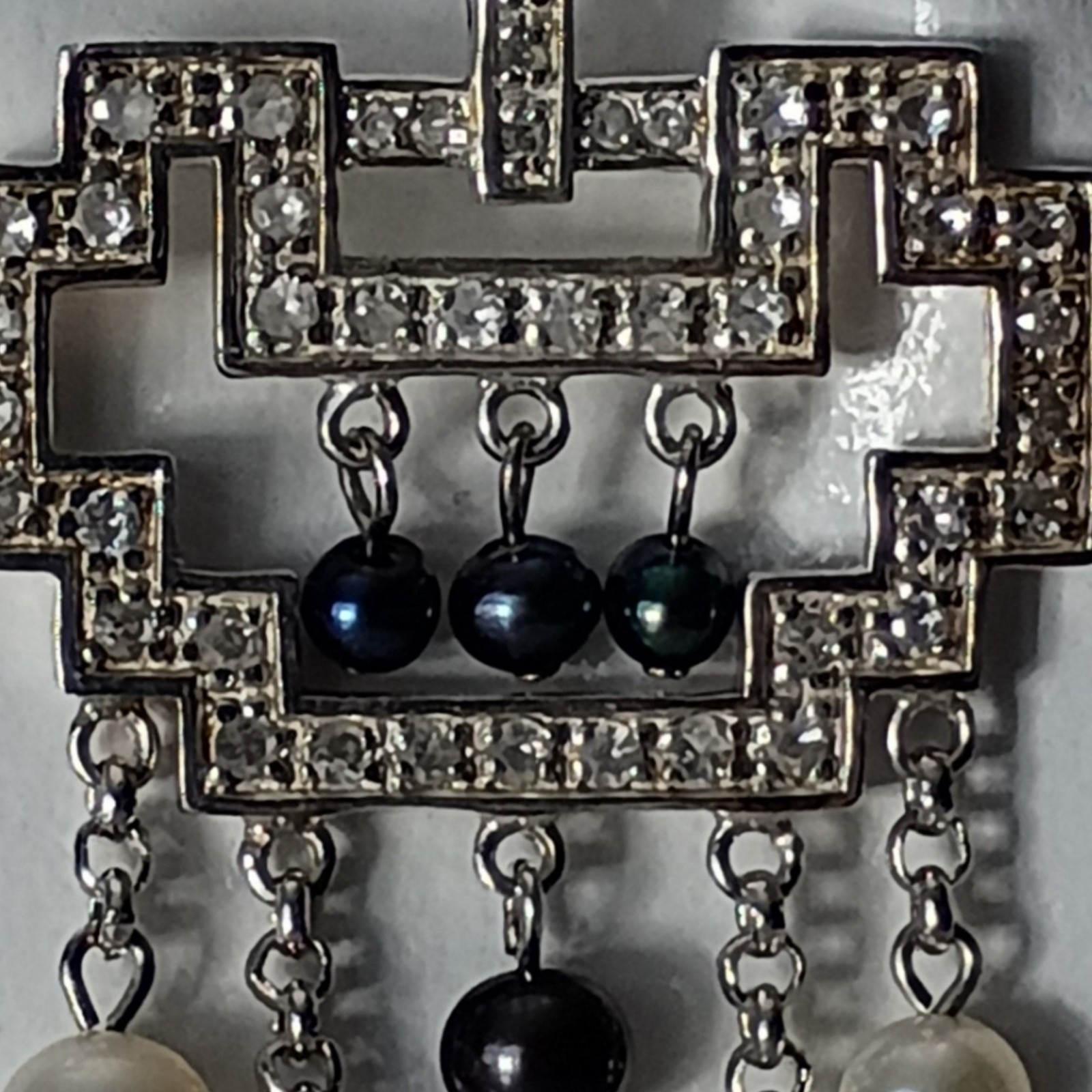 925 Sterling Silver & Pearl Deco Style Dangle Pendant Necklace 19″