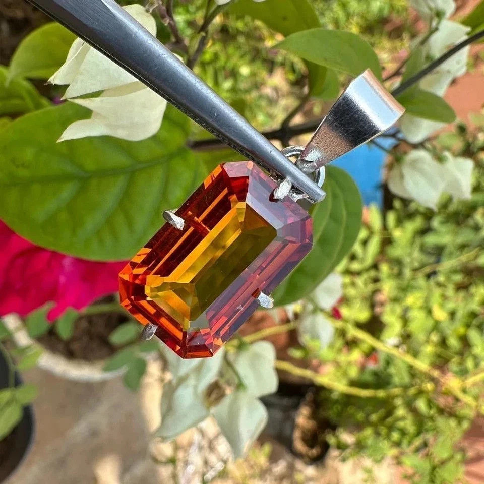 Natural 30 Ct Orange Sapphire Emerald Cut Gemstone 925 Solid Silver Pendant Gift
