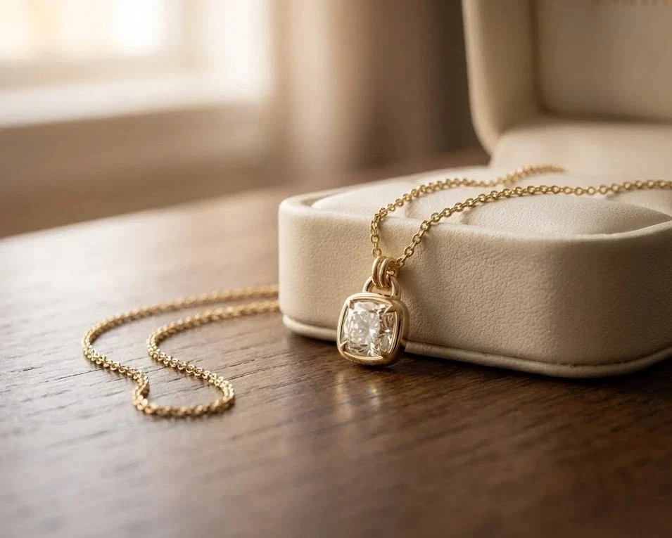14K Yellow Gold Plated 2Ct Cushion Cut White Moissanite Women’s Beauty Pendant