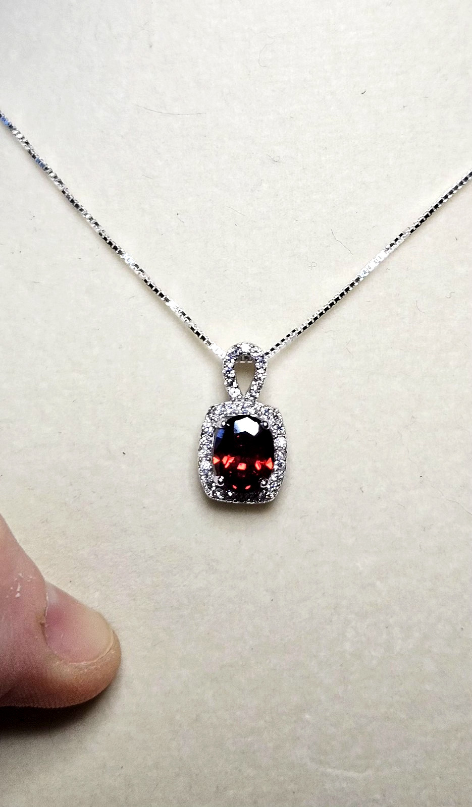 925 Sterling Silver Garnet with Moissanite Halo and 925 Italian Silver Box Chain