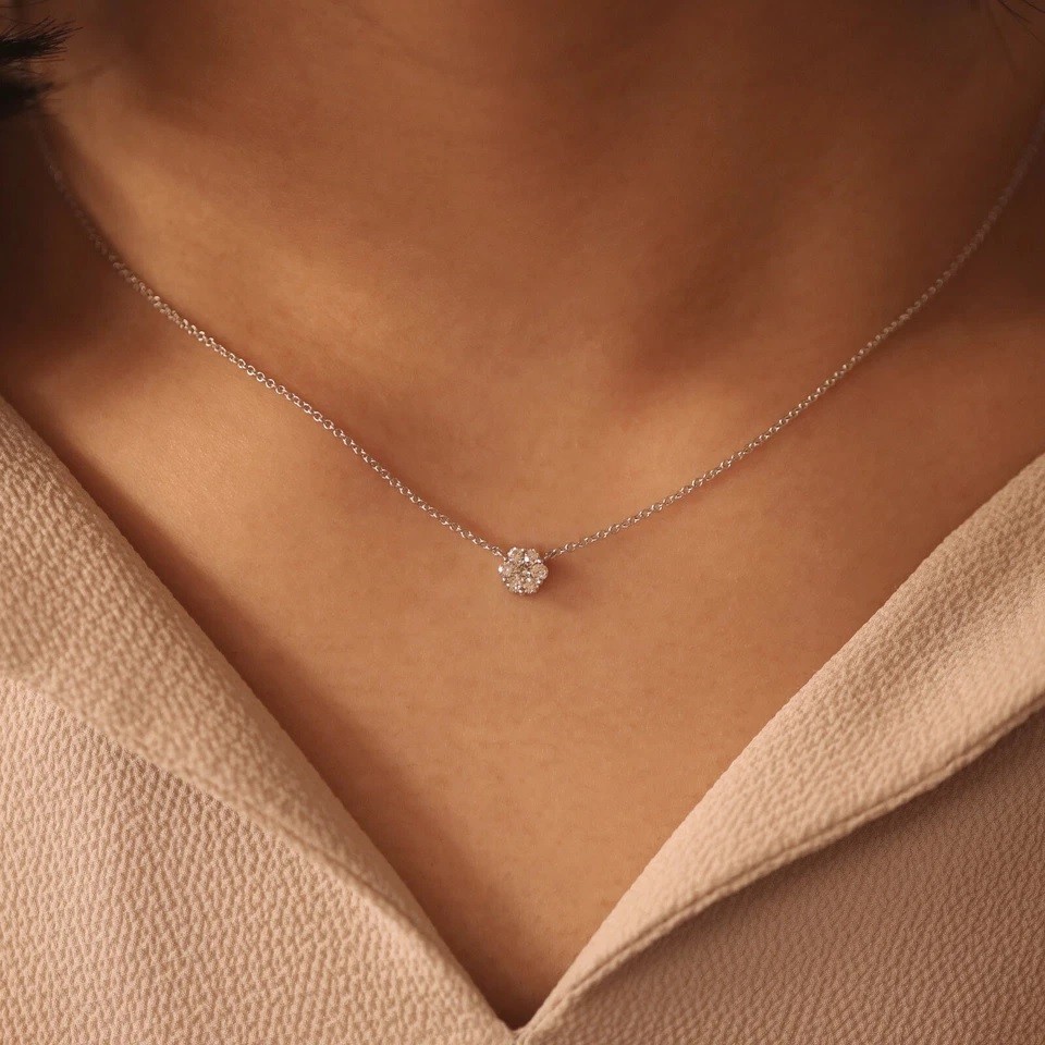 14K White Gold Halo Pendant Lab Grown Round 0.10CT Diamond Anniversary Gift