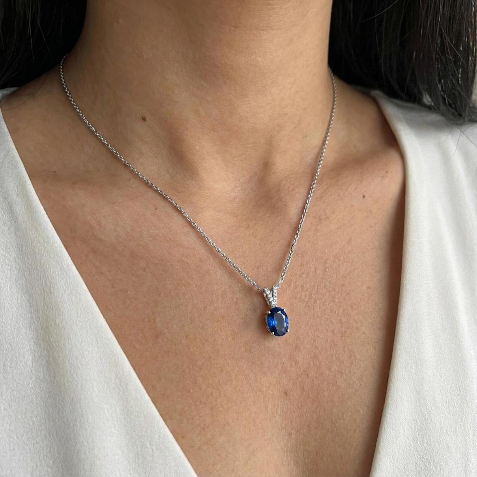 3.20 Ct Oval Cut Natural Sapphire Diamond Gorgeous Pendant 14K White Gold