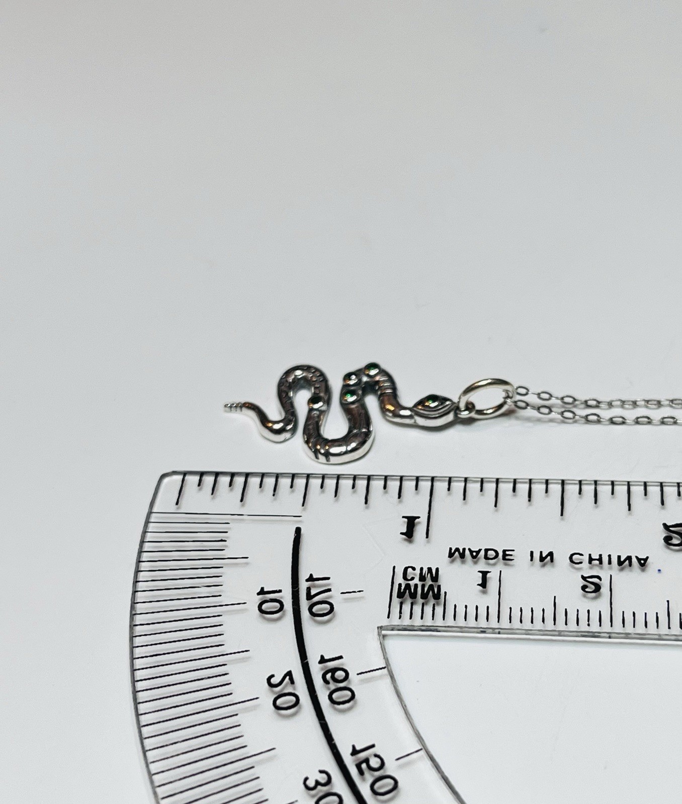 Real 925 Sterling Silver Green Crystal Rattle Snake Pendant Necklace